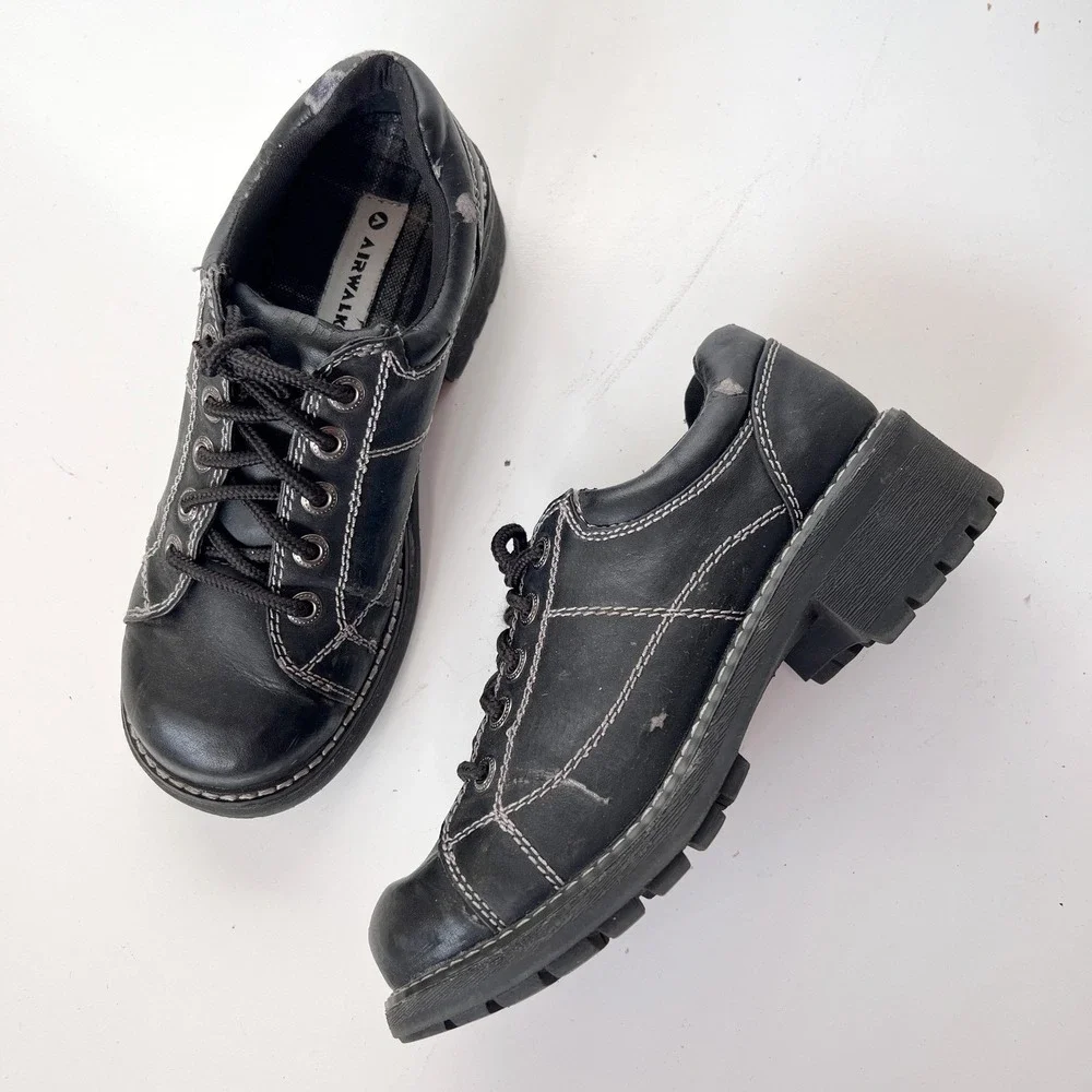 Vintage 90s Chunky Black Lace Up Oxford Shoes Women Size 6.5 Faux Leather Preppy